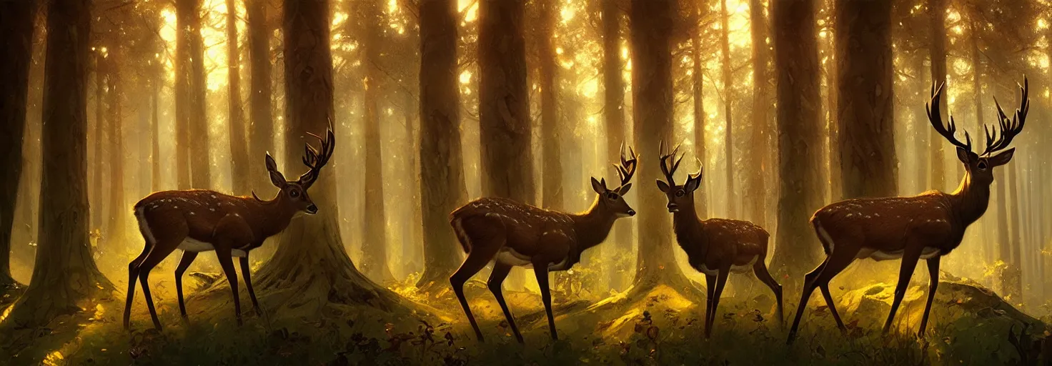 Image similar to Deer in Sherwood Forest, full frame, highly detailed, digital painting, artstation, concept art, smooth, sharp focus, illustration, art greg rutkowski and alphonse mucha