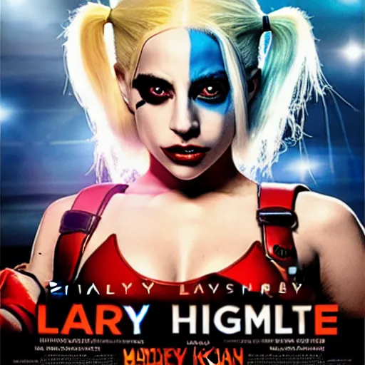 Prompt: awe inspiring photorealistic movie poster featuring Lady Gaga as Harley Quinn 4k hdr amazing lighting