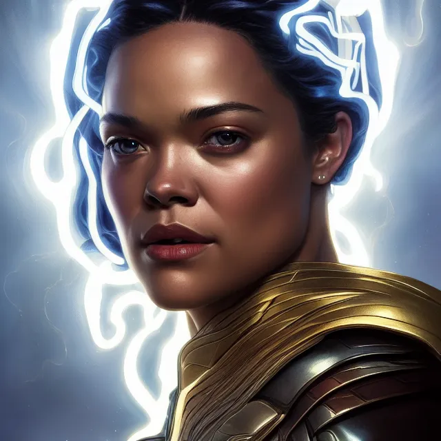 Prompt: close up portrait of tessa thompson as thor wearing shiny silver armor, glowing hair, glowing light armor, subsurface scattering, ethereal, artistic, temple background with light rays, fantasy atmosphere. art by artgerm, greg rutkowski and alphonse mucha, 3 d artstation octane render,