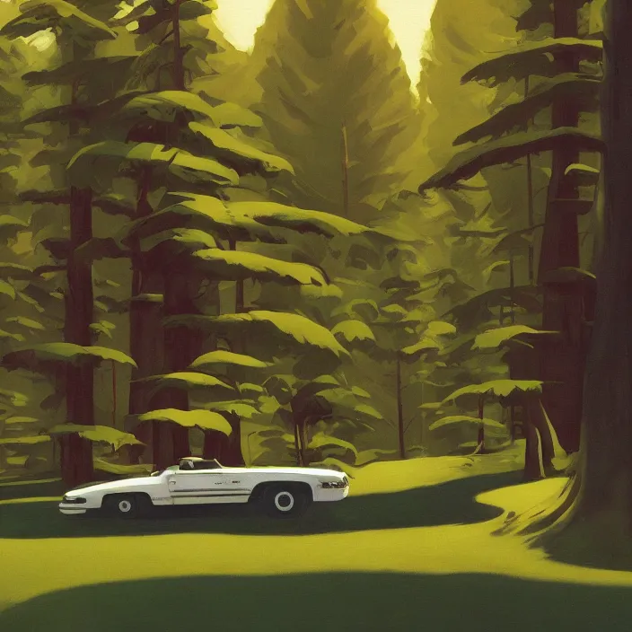 Image similar to fat alien on wheels rolling through the forest, highly detailed, Edward Hopper and James Gilleard