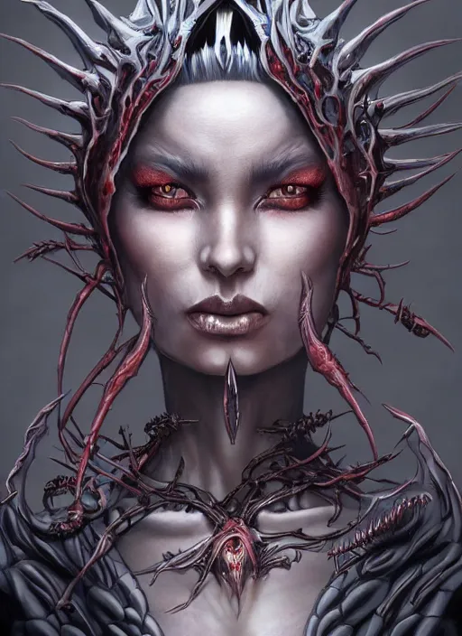 Prompt: a hyper detailed full face portrait of human transforming into the queen of blades, diablo 4 lilith, by yusuke murata, by hiroya oku, by dorian cleavenger, by tom bagshaw, by artgerm, by zdzisław beksinski, trending on artstation