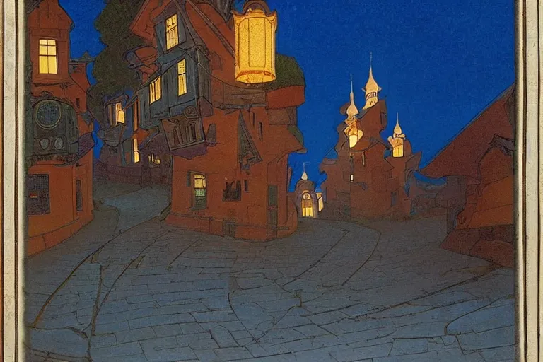 Image similar to winding street at midnight in a very old very beautiful city by George Price Boyce and Nicholas Roerich and Maxfield Parrish, glowing paper lanterns, strong dramatic cinematic lighting , ornate tiled architecture, lost civilizations, smooth, sharp focus, extremely detailed