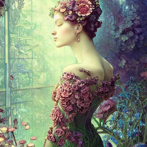 Prompt: absolutely beautiful princess, intricate, elegant, hyper detailed, smooth, sharp focus, award - winning, masterpiece, in the bloom greenhouse, atmospheric lighting, perfect shadow, in the style of tom bagshaw, cedric peyravernay, peter mohrbacher, louis comfort tiffany, victo ngai, pinterest, 4 k hd illustrative wallpaper, chinese style