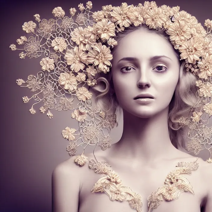 Image similar to photo portrait of a beautiful woman like a queen-flower-angel, dressed in long elegant intricate ornamental flowers white dress, natural skin tone, intricate fractal highly detailed flowers ornament in the upper side of breast, bust with a very long neck , elegant, highly detailed intricate flowers ornament in her blond long hair, Realistic, Refined, Highly Detailed, Cinematic pastel Lighting, fine art photography by Paolo Roversi, volumetric lighting, hyper realistic photography
