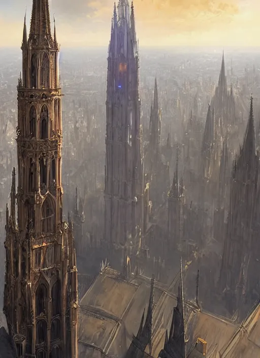 Prompt: a teenage girl stands on top of the tallest spire in a gothic fantasy city. zoomed out view. beautiful painting by greg rutkowski