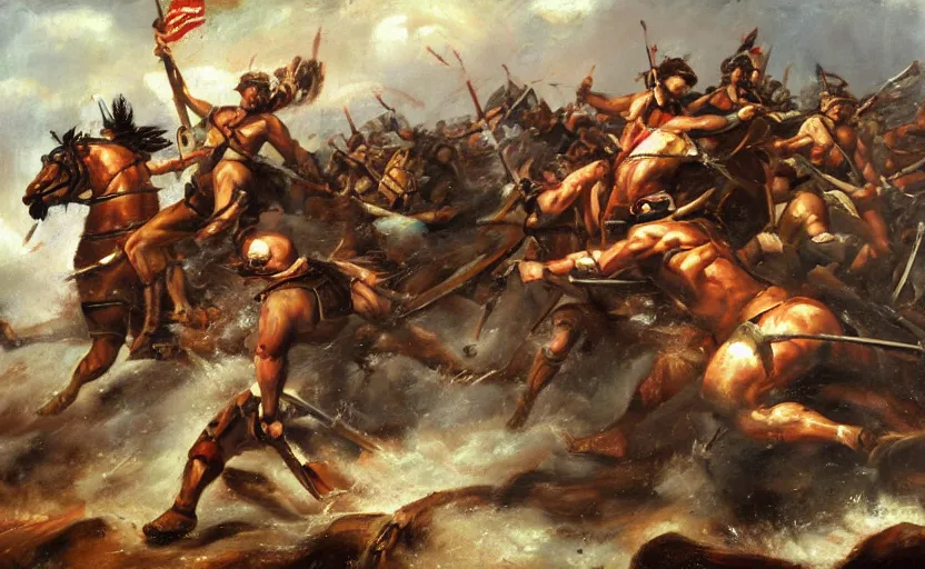 Prompt: oil painting of a spartan army charging against a giant cyclops,