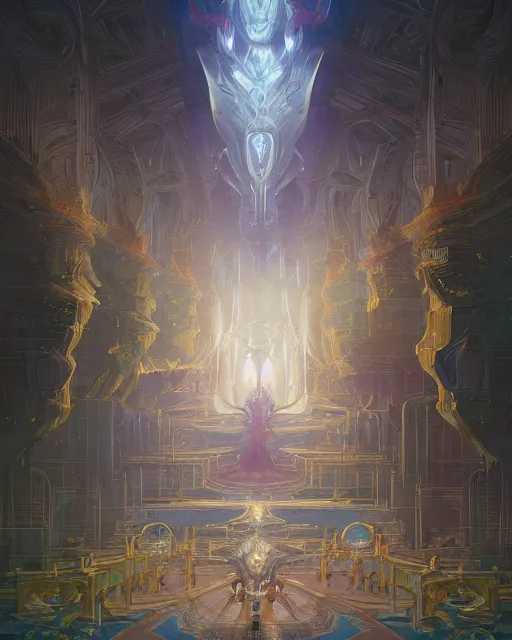 Image similar to the palace in saint seiya by peter mohrbacher and dan mumford and nekro, cgsociety, volumetric light, 3 d render