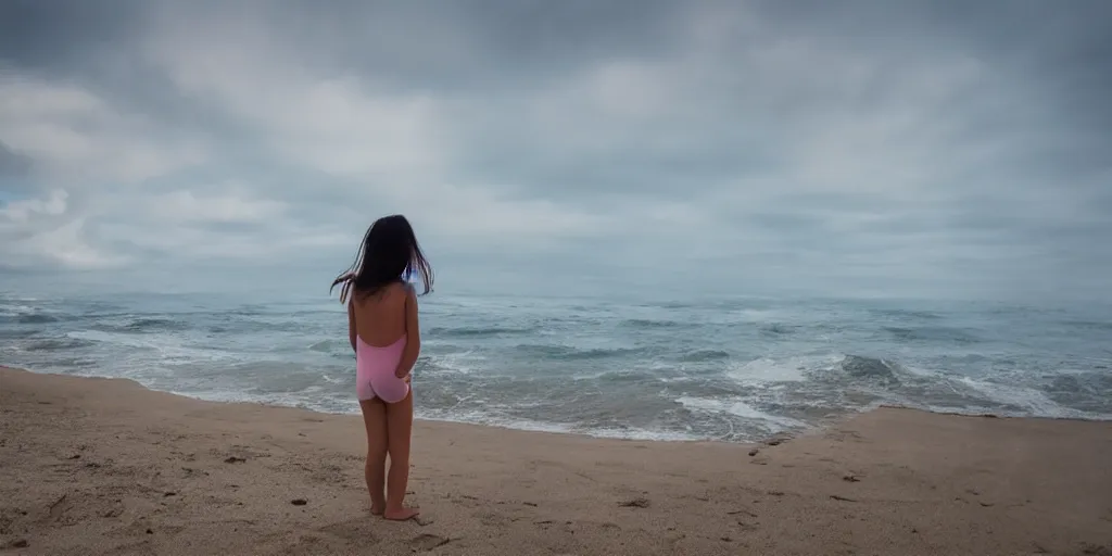 Prompt: girl looking at the ocean waves, superwide angle, zoom out, Leon Bosko style