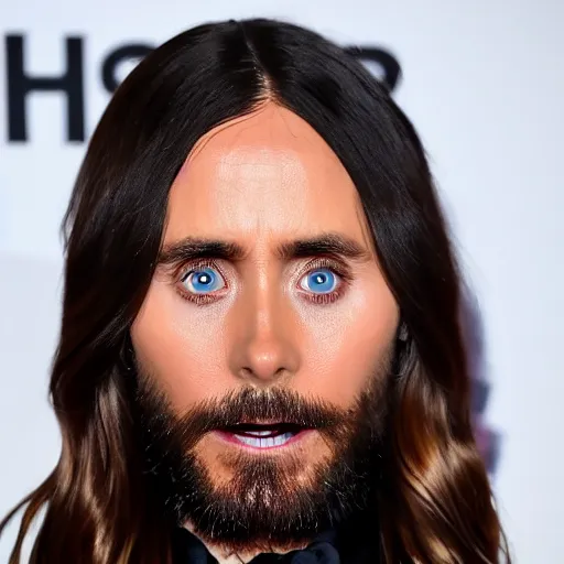 Prompt: medium full shot of jared leto going crazy sweating and with his eyes very opened pointing a knife at the bodycam, wide angle, fisheye, uhd, 8 k, bodycam, award winning