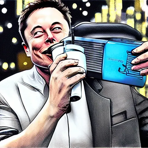 Prompt: Elon musk drinking out of a car battery in an alleyway at night