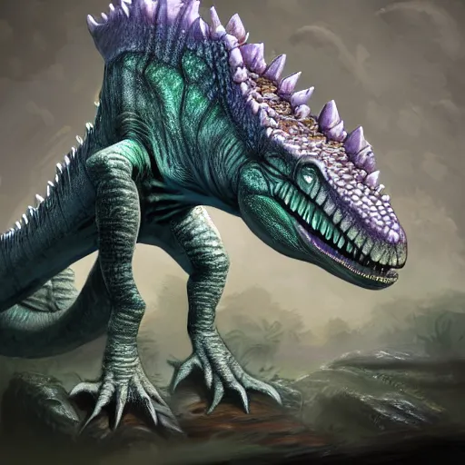 Image similar to violet crocodile dinosaur hybrid, fantasy game art, fantasy rpg, league of legends