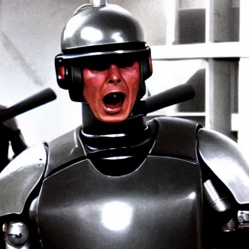 Prompt: award winning photograph of peter weller as robocop, yelling at little league game