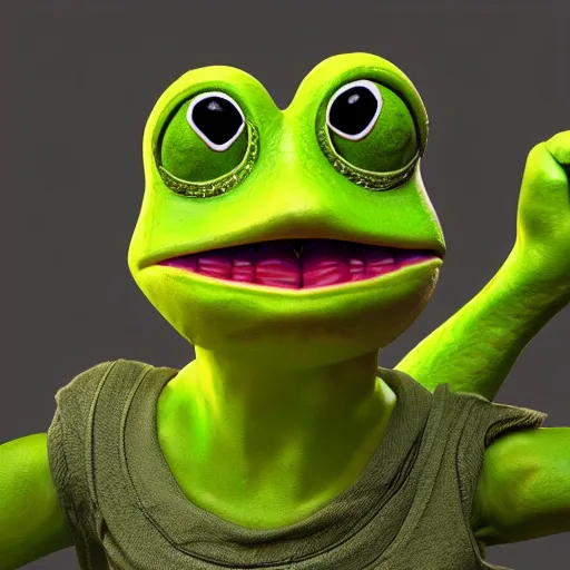 Image similar to a sadge - sad - pepe - the - frog, looking more depressed than usual, quivering lips, fists in the air, sweat flying, cgi render, zbrush, octane, keyshot render