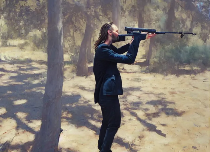 Image similar to a highly detailed beautiful portrait of thom yorke shooting an ak 4 7, by gregory manchess, james gurney, james jean