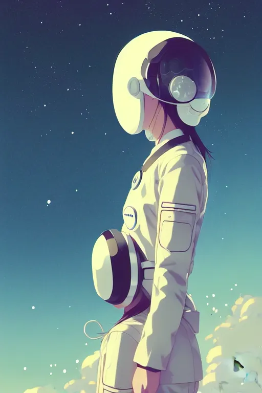 Image similar to portrait of a girl with astronaut helmets by range murata, cloudy sky background lush landscape ln illustration concept art anime key visual trending pixiv by victo ngai fanbox by greg rutkowski makoto shinkai takashi takeuchi studio ghibli