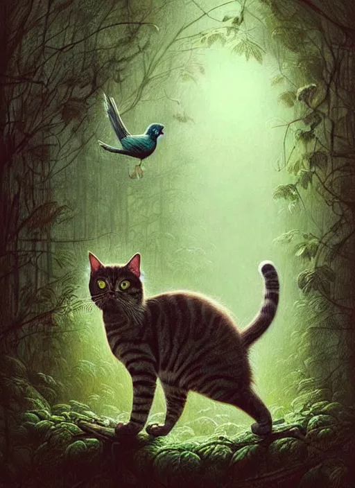 Image similar to a hyper realistic illustrated cat with playing with a bird in the woods gorgeous lighting, lush forest foliage painting by chiara bautista and beksinski and norman rockwell and greg rutkowski weta studio, and lucasfilm