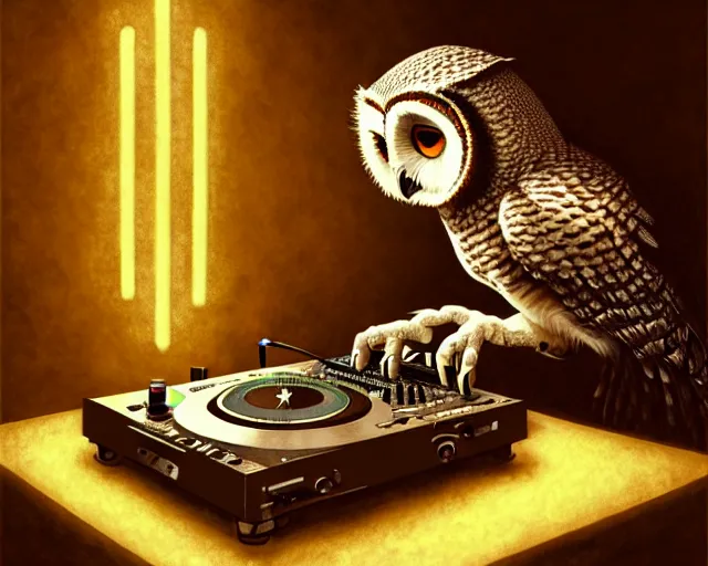 Image similar to anthropomorphic dj owl mixing on stage, diffuse lighting, fantasy, intricate, elegant, highly detailed, lifelike, photorealistic, digital painting, artstation, illustration, concept art, smooth, sharp focus, art by john collier and albert aublet and krenz cushart and artem demura and alphonse mucha