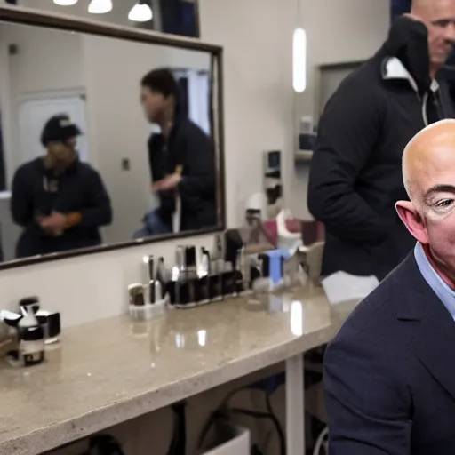 Prompt: photo of Jeff Bezos at the barbershop