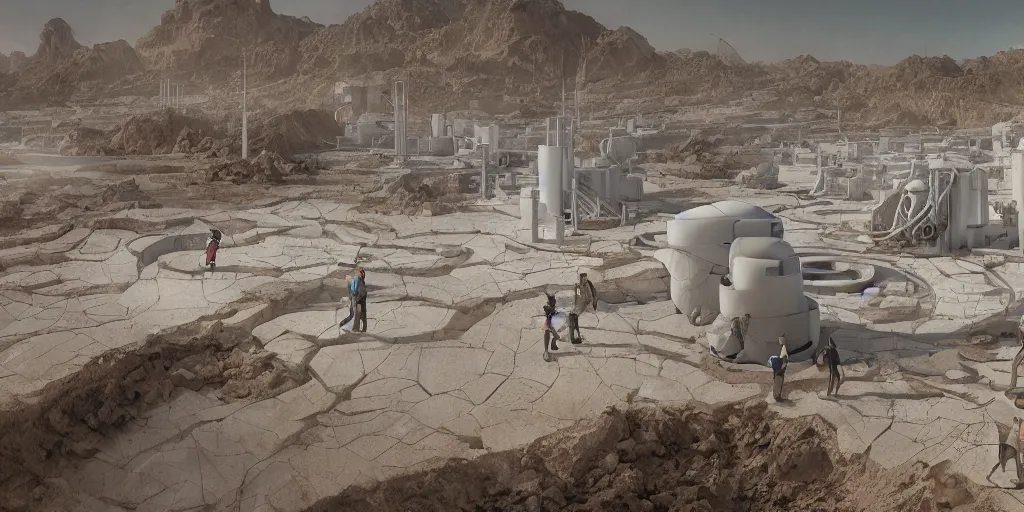 Image similar to perspective view cartoon manga anime render of a bioremediation white architecture in the mining tailing in the desert, smooth, rossdraws, norman rockwell, emiliano ponzi, epic composition, hd, octane, unreal engine, volumetric lighting, light rays, masterpiece, award - winning