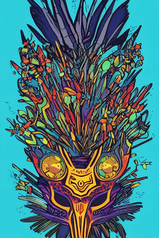 Image similar to animal mask totem roots flower tribal feather gemstone plant wood rock shaman vodoo video game vector cutout illustration vivid multicolor borderlands comics by josan gonzales and dan mumford radiating a glowing aura