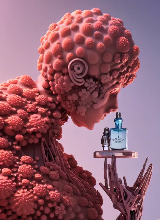 Image similar to biomechanical corals, daisies, well contoured smooth fair walls with marble statue carrying a bottle of perfume, up close shot, sharp focus, global illumination, radiant light, alexandre ferra white mecha, irakli nadar, octane highly render, 4 k, ultra hd,