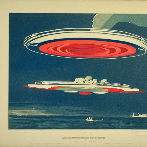 Prompt: color lithograph of uss enterprise by adolphe millot