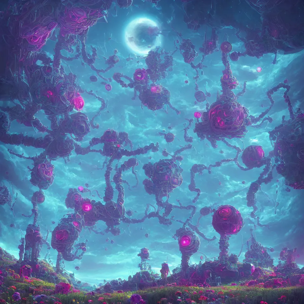 Image similar to concept art, a world full of life divine thrill of the biological tranquil sky, atoms floating, cosmic horror, gothic harts, flowers, artwork by beeple and lisa frank, fantasy art, high - detailed, 8 k, uhd