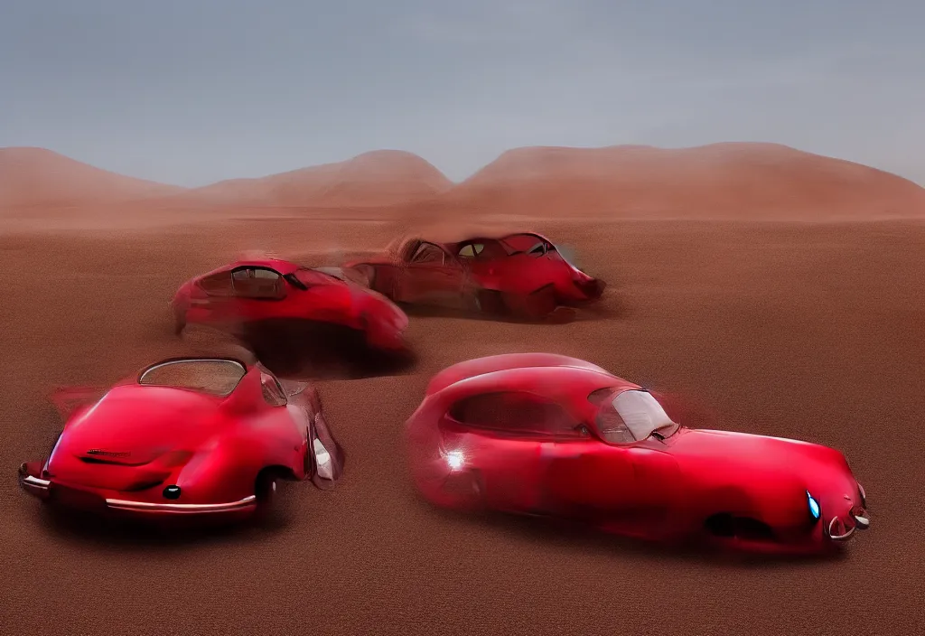 Image similar to “a red porsche 356 is parked in the middle of the desert, a matte painting by Scarlett Hooft Graafland, featured on unsplash, australian tonalism, anamorphic lens flare, cinematic lighting, rendered in unreal engine”