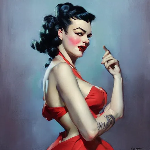 Image similar to greg manchess portrait painting of 1 9 5 0's pinup characters as overwatchs character, medium shot, asymmetrical, profile picture, organic painting, sunny day, matte painting, bold shapes, hard edges, street art, trending on artstation, by huang guangjian and gil elvgren and sachin teng