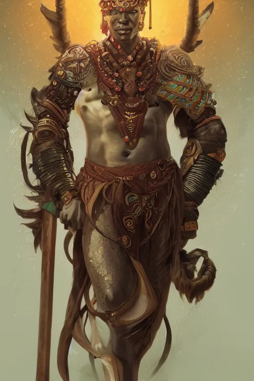 Prompt: ogun, African warrior deity, ancestral hunter God, cinematic mid portrait , digital illustration, octane render trending on arstation by artgerm, raphaelite and mucha