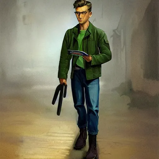 Prompt: a highly detailed epic cinematic concept art CG render digital painting artwork costume design: young James Dean as a well-kept neat anarchist rebel in 1950s green USSR mechanic outfit and big boots, reading a book. By Greg Rutkowski, Ilya Kuvshinov, WLOP, Stanley Artgerm Lau, Ruan Jia and Fenghua Zhong, trending on ArtStation, subtle muted cinematic colors, made in Maya, Blender and Photoshop, octane render, excellent composition, cinematic atmosphere, dynamic dramatic cinematic lighting, aesthetic, very inspirational, arthouse