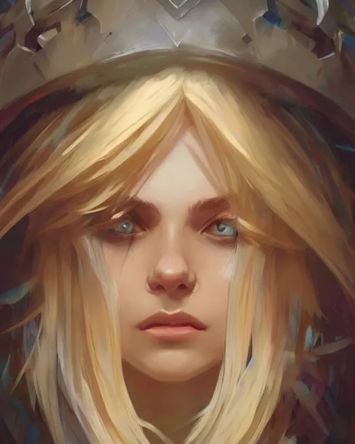 Image similar to '' Portrait of Beautiful blonde Slavic woman, league of legends, LOL, fantasy, d&d, digital painting, artstation, concept art, sharp focus, illustration, art by greg rutkowski and alphonse mucha ''