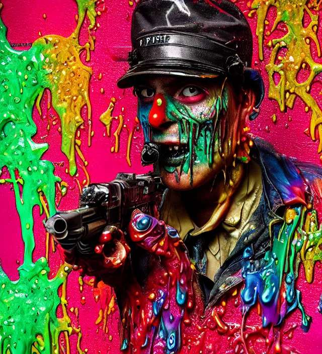 Image similar to beautiful 3 5 mm photograph of a slimy rotting zombie cop covered in colorful wet goop, dripping with colorful liquid, policeman, cop, biocop, intricate details, dark ambient, service cap, atmospheric, movie poster, poster, horror, elegant, super highly detailed, professional digital photo, artstation, concept art, 8 k