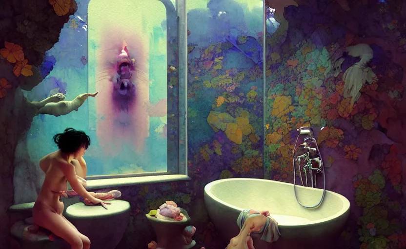 Image similar to bathroom, fantasy. intricate, amazing composition, colorful watercolor, by ruan jia, by maxfield parrish, by marc simonetti, by hikari shimoda, by robert hubert, by zhang kechun, illustration, gloomy