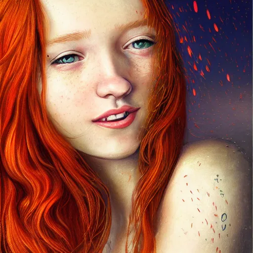 Prompt: a highly detailed, hyper realistic, red haired young woman, among golden fireflies, with long hair, green eyes, hint of freckles, round gentle face, toned abdomen, cheeky smile, deep focus, elegant, digital painting, smooth, sharp focus, golden ratio, illustration, ultra realistic, 8 k, art by artgerm and caravaggio