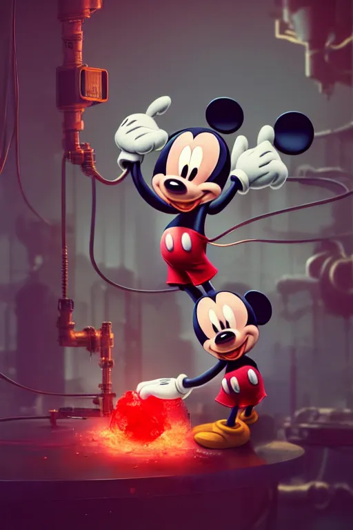 Image similar to many mechanics scientists working and repairing mickey mouse bloody head, made by beeple, greg rutkowski, unreal engine, octane render, highly detailed 4 k art, smooth, sharp focus, cinematic lighting, volumetric lighting, artstation,