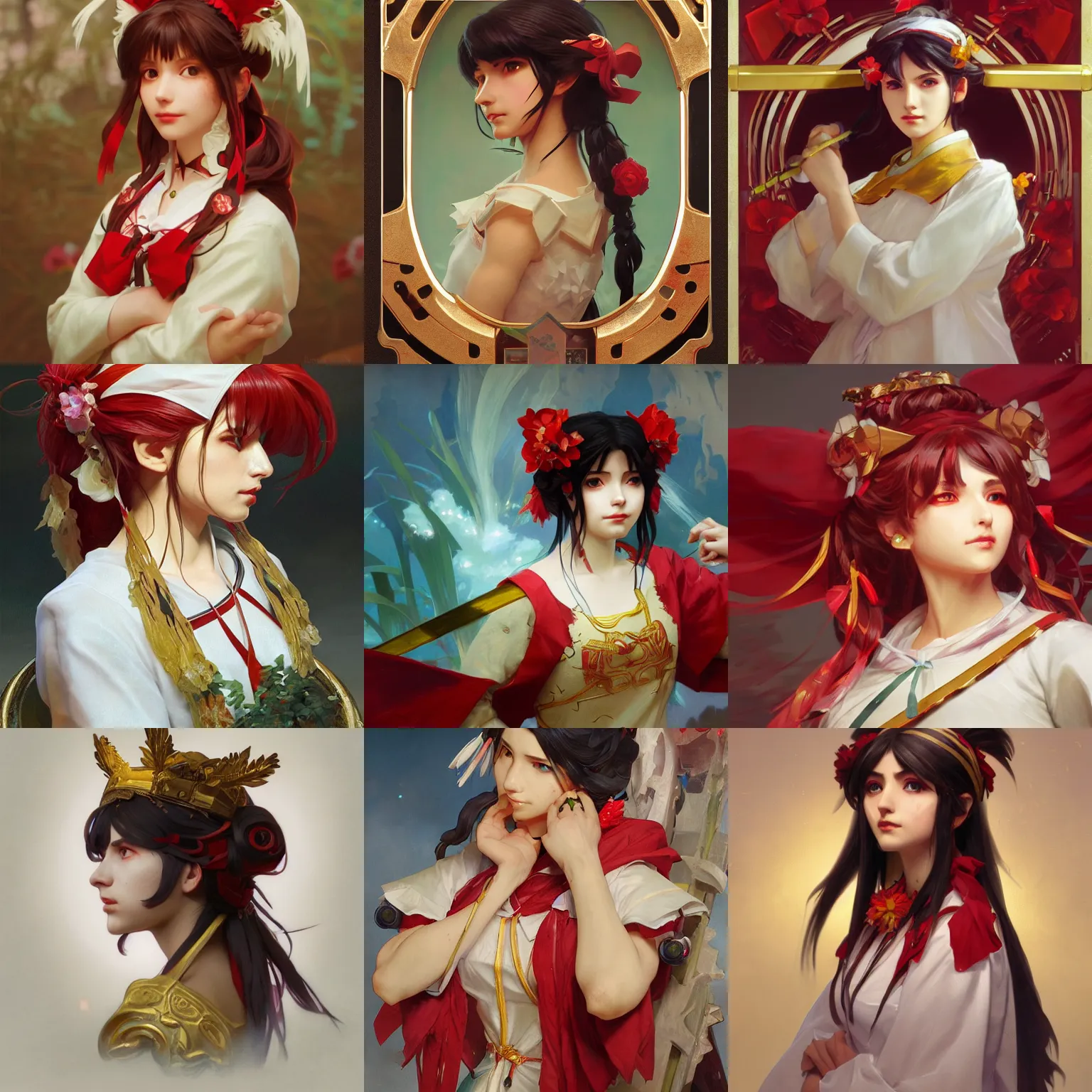 Prompt: a portrait painting of reimu hakurei, by riot games and greg rutkowski and alphonse mucha, marble, gold, unreal engine 5