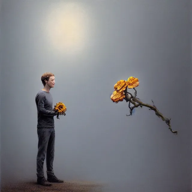 Image similar to mark zuckerberg holding a flower by Zdzisław Beksiński, trending on artstation, realistic, detailed, concept art, horror, illustration, oil painting