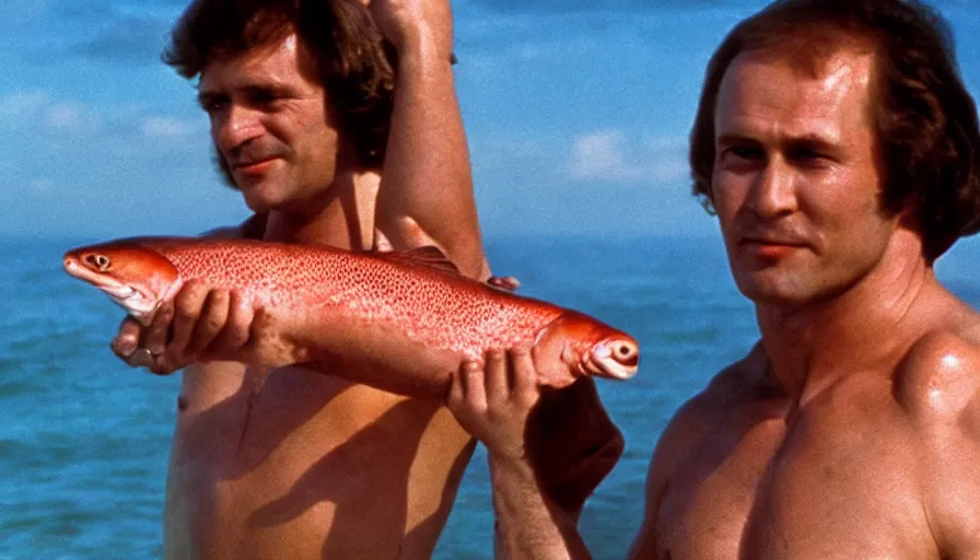 Image similar to 7 0 s movie still of putin in speedo, proudly holding a salmon, focus on eyes. cinestill 8 0 0 t _ 3 5 mm eastmancolor, heavy grain, high quality, high detail