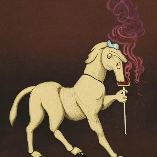 Image similar to an antropomorphic horse wearing a suit smoking a cigar