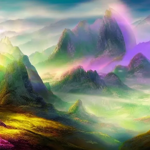 Prompt: digital artwork of a beautiful fantasy landscape of magical mountains encircled by clouds, mist, auras