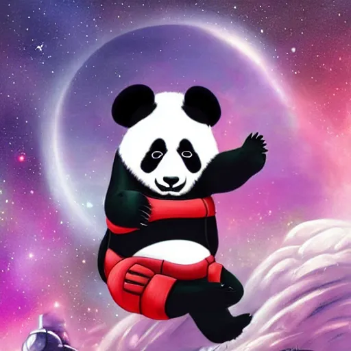 Prompt: A panda in space, with a space suit on, dark fantasy style, #disney