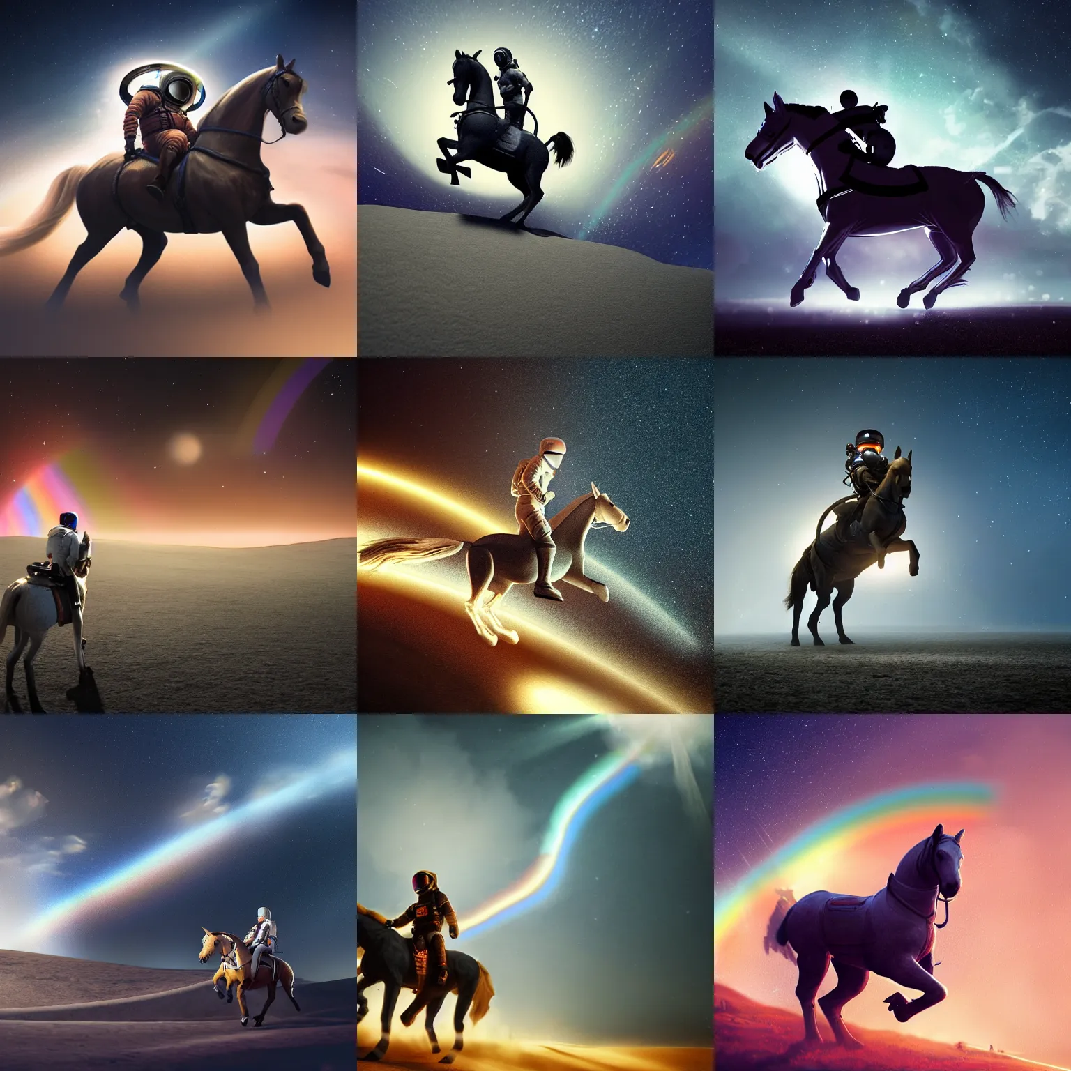 Prompt: cinematic lighting of a rendered image of an astronaut riding a horse by nick silva, trending on art station, rainbow