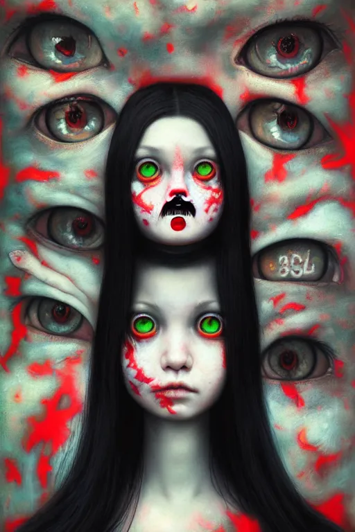 Image similar to a woman with red eyes and black hair, oil canvas art style by hikari shimoda, guillermo del toro and mark ryden, featured on cgsociety, pop surrealism, daz 3 d, anaglyph effect, iridescent, masterpiece