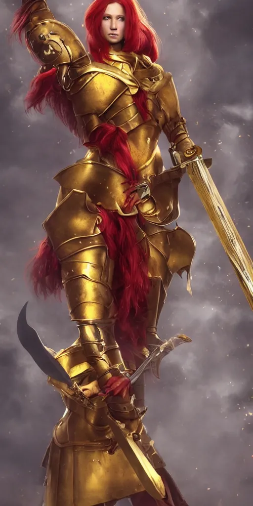 Image similar to a tall, red - haired female knight wearing golden armor and a right golden prosthetic arm, longer than her left arm. she wields a long golden blade