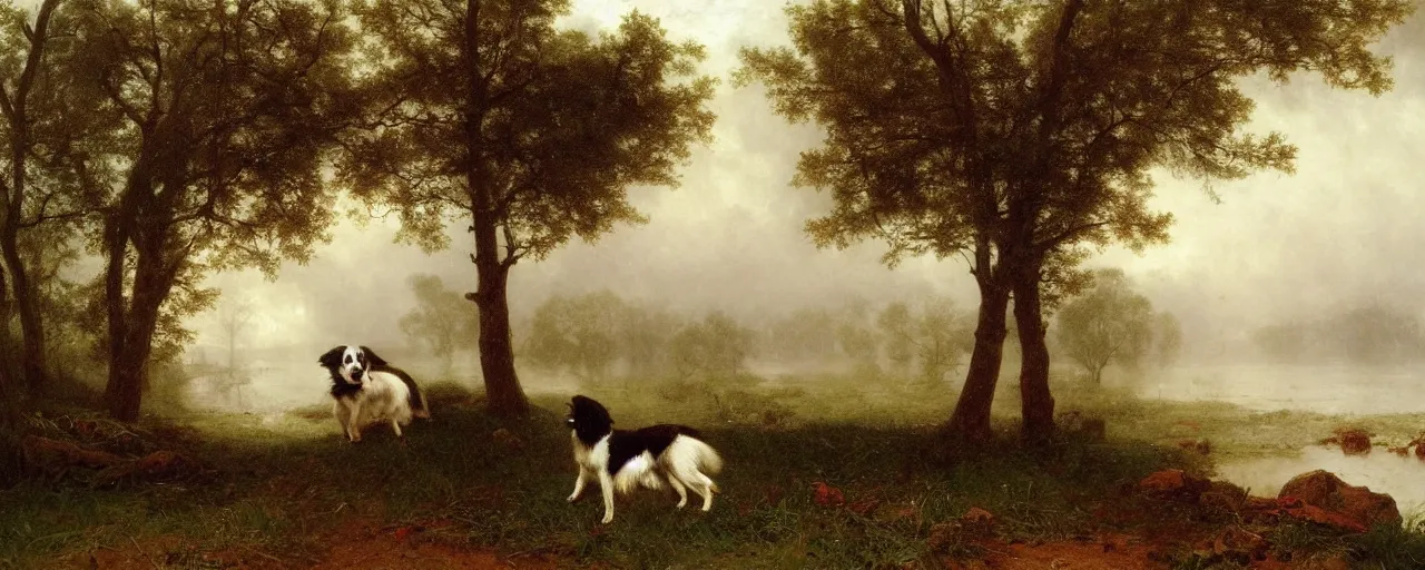 Prompt: a picture of a border collie by the lakeside in the rain, robert cleminson, carl friedrich deiker, albert bierstadt, heavy downpour, dog in the rain