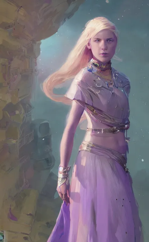 Prompt: portrait of a princess with a purple dress, blonde hair and bangsnecklace space, concept art, fantasy, highly detailed, cinematic lighting, digital painting by greg rutkowski