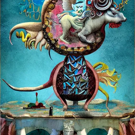 Image similar to strange mythical beasts of whimsy, surreal mixed media colllage by Ronny Khalil