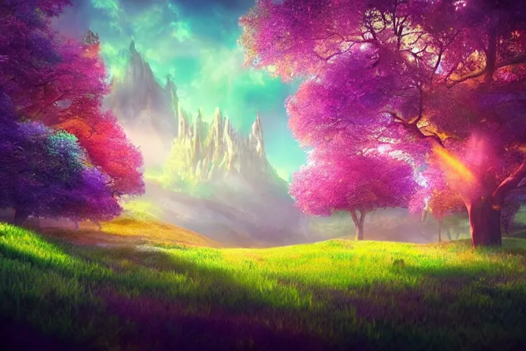 Image similar to Landscape of a beautiful enchanted fantasy world. Colorful. A giant tree. Cinematic lighting. Photorealism.