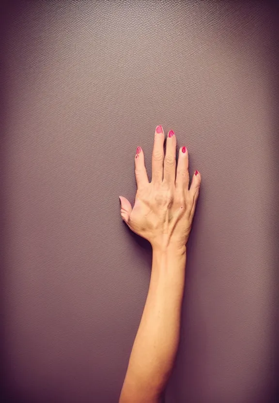 Prompt: an instagram photo of one ultra detailed woman's palm held against the floor, instagram photo, studio photo